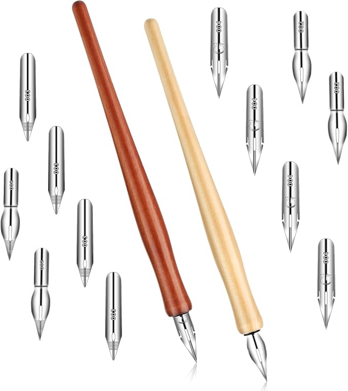 12 PCS Oblique Calligraphy Dip Pen Set Dip Pens Nib Speedball Pens Include Calligraphy Oblique Pen Holder or Straight Holder Replacement Nibs for Painting Signing Writing Present