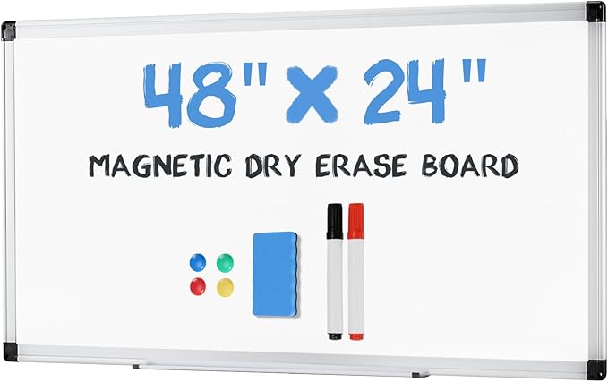 OLIXIS Magnetic White Board, Dry Erase Board for Wall 24" x 48", Whiteboard with 1 Dry Eraser & 2 Multicolor Markers & 4 Magnetic Pins, Aluminium Frame for Home, School, Office, White