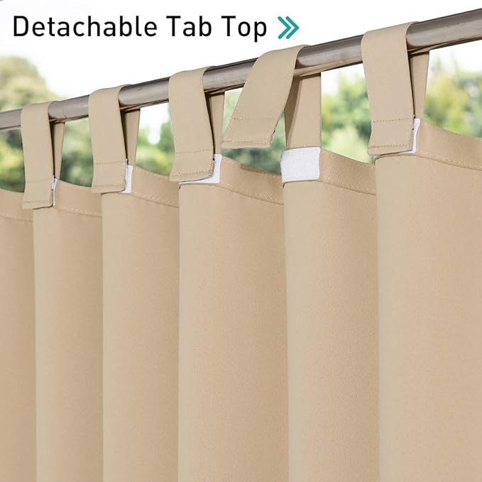 NICETOWN Outdoor Curtainss for Patio Waterproof 108 inch Extra Long, Self-Stick Tab Top Room Darkening Thermal Insulated Privacy Outdoor Space Drapes for Hall/Lounge, 84" Wide, Biscotti Beige, 2 PCs