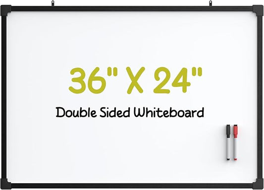 MaxGear Magnetic Dry Erase White Board, 36 X 24 Inches Double Sided Whiteboard, Black Aluminum Frame White Board for Wall, Hanging Planner Board with 2 Dry Erase Markers for School Office Home
