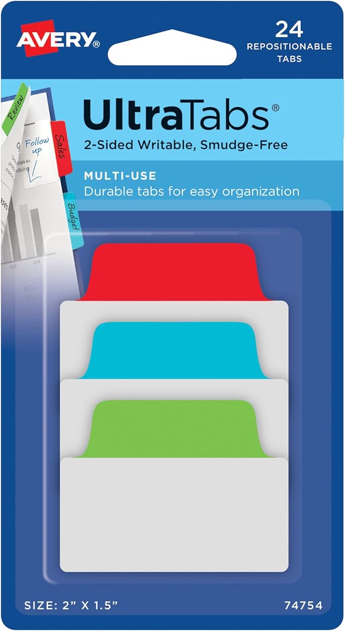 Avery Multiuse Ultra Tabs, 2" x 1.5", 2-Side Writable, Red/Blue/Green, 24 Repositionable Tabs (74754)