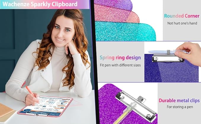 Sparkly Clipboard with Pen Holder, Clear Plastic Glitter Clip Board, Hanging Shiny Clipboards with Low Profile Metal Clip, Letter A4 Size for Taecher Women Office School (Rose Red)