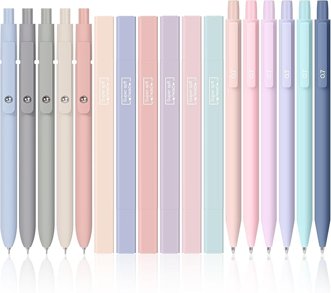 Gueevin 17 Pcs Aesthetic Highlighters Gel Pens and Mechanical Pencils Set Morandi Ink and Dual Tip Highlighters Smooth Writing Pens for Bible Journal Planner Office Supplies