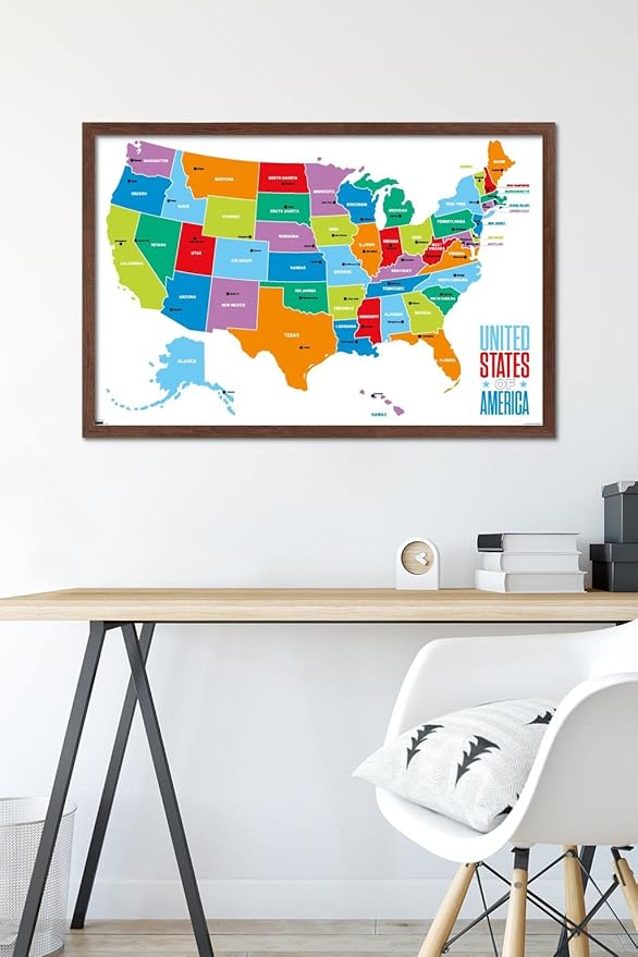 Trends International Map - United States Of America 2022 Wall Poster, 22.375" x 34", Mahogany Framed Version