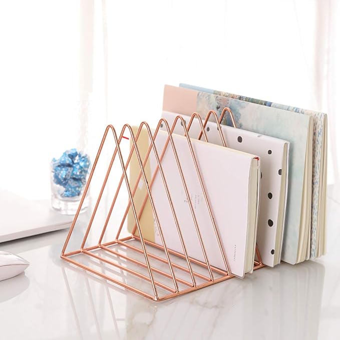 Sooyee 2 Pack 9 Slot Rose Gold Magazine Holder,Desktop File Sorter Organizer Triangle Bookshelf Decor Home Office