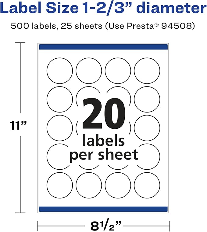 Avery Glossy White Round Labels, Sure Feed Technology, 1-2/3" Diameter, 500 Glossy White Labels, Print-to-The-Edge, Permanent Adhesive, Laser/Inkjet Printable