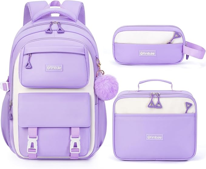 Fimibuke Backpacks for Girls, 3 PCS Waterproof School Backpack with Lunch Box, Pencil Pouch Set for Kids Teens Girls, Cute Bookbag School Bag for Elementary Middle High School Student Ages 6+(Purple)