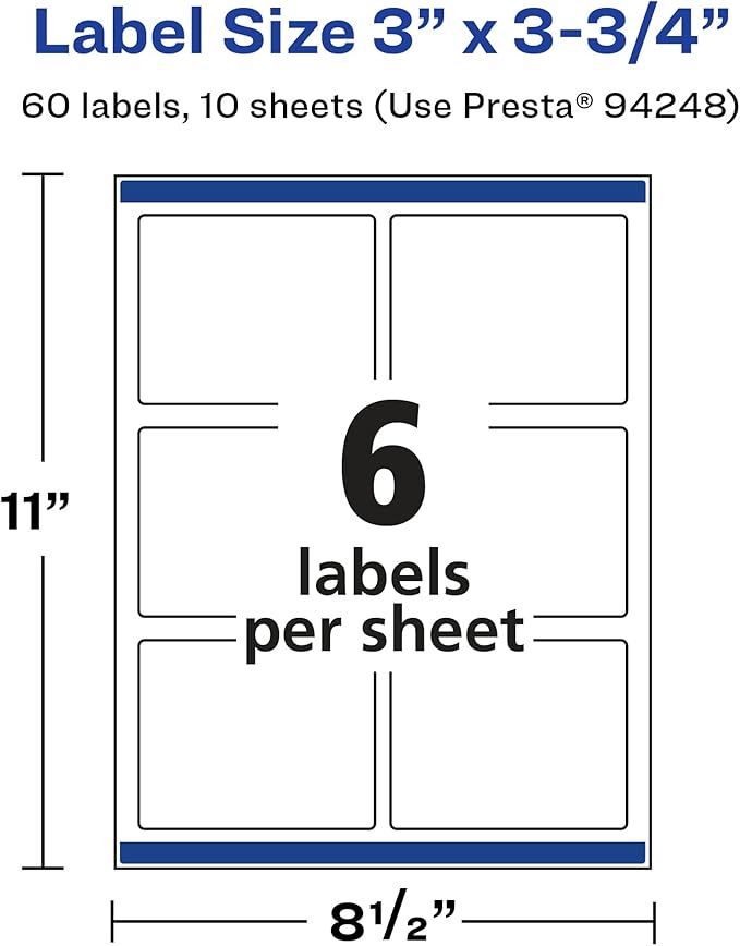 Avery Glossy White Rectangle Labels, Sure Feed Technology, 3" x 3.75", 60 Glossy White Labels, Print-to-The-Edge, Permanent Adhesive, Laser/Inkjet Printable