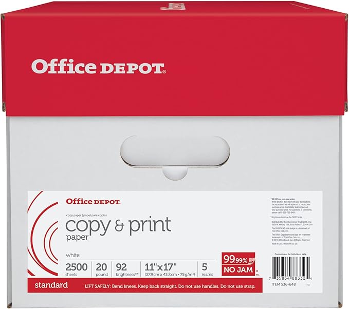 Office Depot® Brand Copy & Print Paper, Ledger Paper, 20 Lb, 500 Sheets Per Ream, Case Of 5 Reams