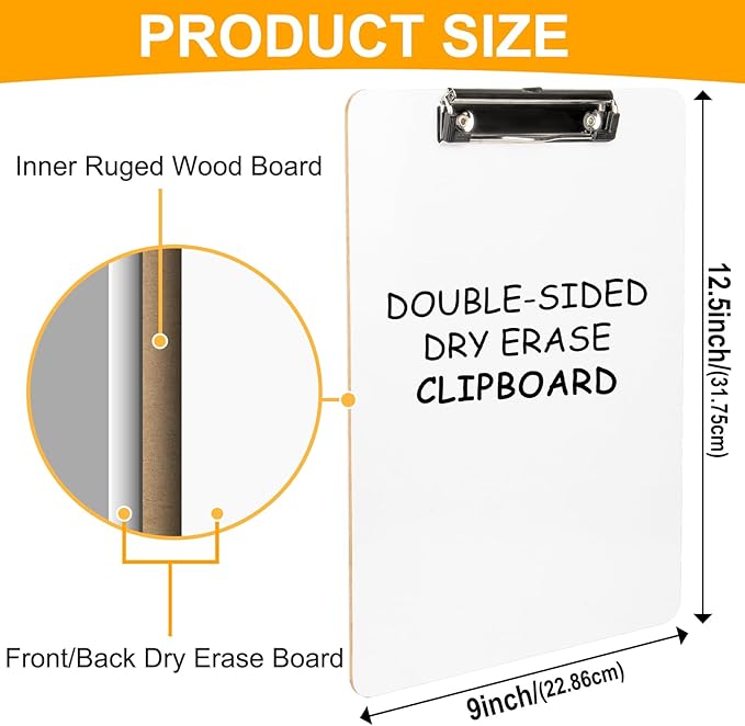 Dry Erase Wood Clipboard 30 Pack, Hardboard Clip Board 8.5x11 for Classroom, Students, Kid, Size 9" x 12.5", Double-Sided White Board, with Low Profile Clip, Office & School Supply