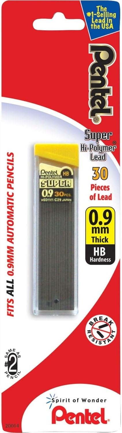 Pentel Super Hi-Polymer Lead Refill, 0.9 mm Thick, HB, 30 Pieces of Lead (C29BPHB)