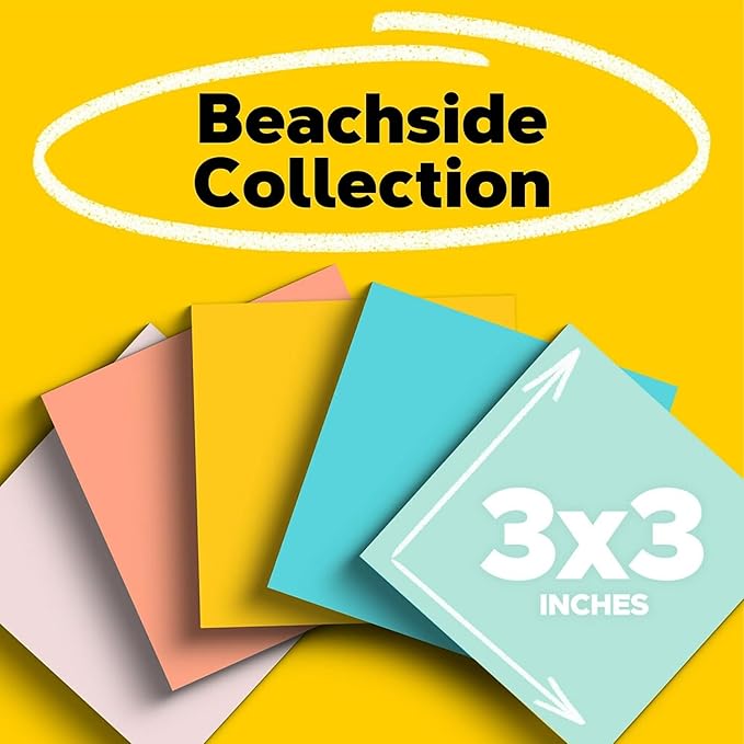Post-it Sticky Note, 3" x 3", Beachside Café Collection, 100 Sheets/Pad, 18 Pads/Pack (654-18APCP)
