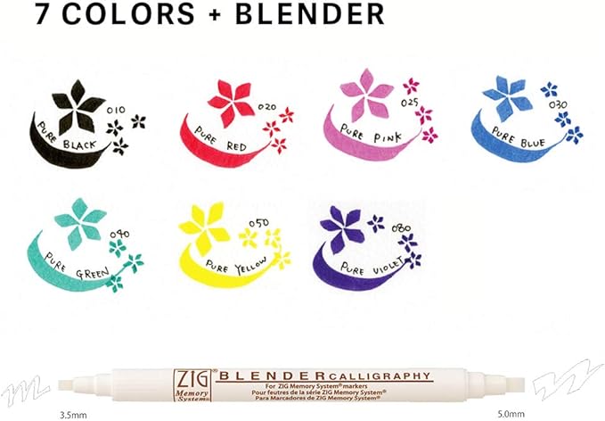 Kuretake Zig Calligraphy Dual Tip Marker Pens, 7 colors and Blender set, 2mm, 5mm, Double Tip, for Art, Sketch, illustration, Calligraphy, Journal, Drawing, Made in Japan