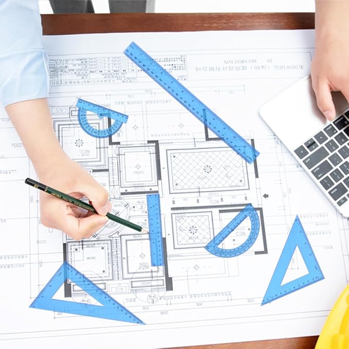 Plastic Clear Ruler Math Set, 6" | 12" Straight Ruler Protractor, 2 Protractors 180 Degree 2 Triangle Rulers 45 | 60 Degree 2 Straight Rulers Measuring Tool for School Office Home Supplie,Blue