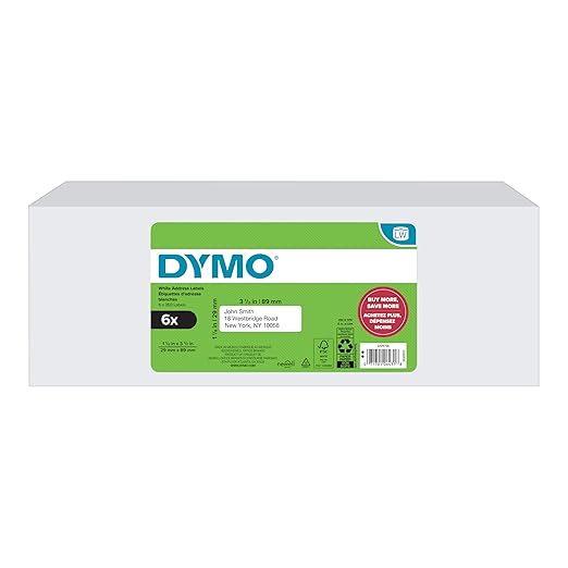 DYMO®-Branded LabelWriter Mailing Address Labels for LabelWriter Label Printers, White, 1-1/8" x 3-1/2", 6 Rolls of 350 (2100 Total)