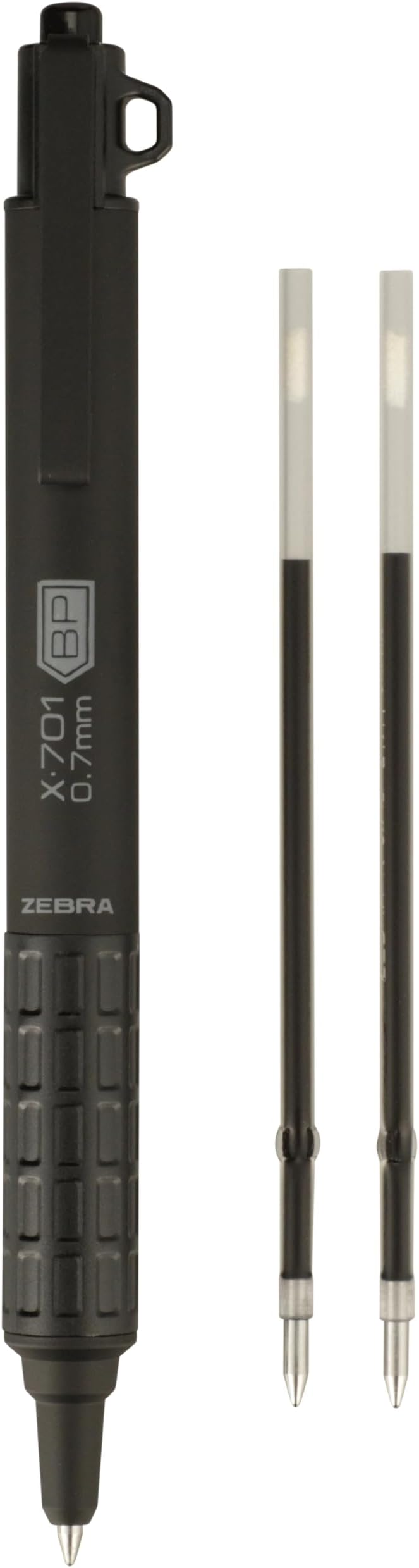 Zebra Pen, X-701 Tactical Ballpoint Pen, Writes in Extreme Conditions, Matte Black Stainless Steel, Refillable, Lanyard Loop, 0.7mm Black Ink, 1-Pack Plus 2 Bonus Refills, (29811)