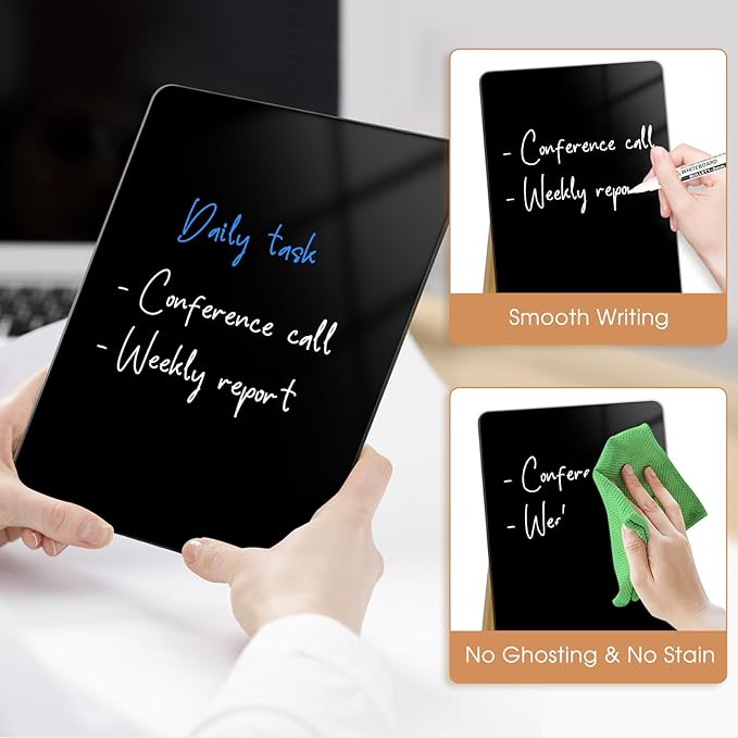 Desktop Black Glass Dry Erase Board, Small Glass Whiteboard with Adjustable Wood Stand - Reusable Desk Notepad 9.5" x 6.7" for Home Office