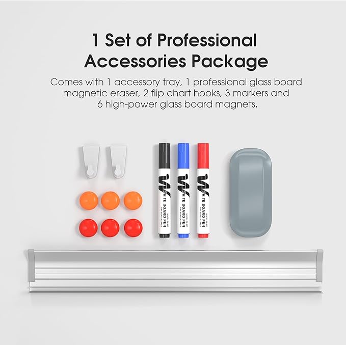 MaxGear Glass Whiteboard Tempered Magnetic Dry Erase Board 48 x 30 Inch Ultra White Frameless Wall Mounted, Office Classroom Conference Room Home Use, Includes Markers, Eraser, Magnets & Mounting Kit
