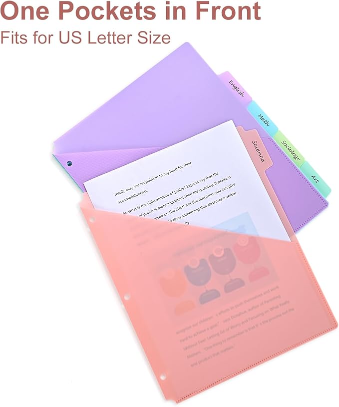 5 Tabs Dividers with Pockets for 3 Ring Binder, 15 Counts Binder Dividers for US Letter Size, Binder Dividers with Tabs for School Office and Home Organization, 5 Pastel Color (3)