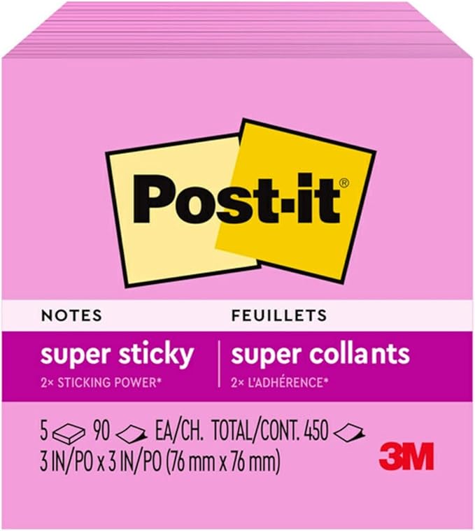 Post-it Super Sticky Notes, 5 Sticky Note Pads, 3 x 3 in., Ideal for Organization in Your Dorm, Home or Office, Single Color Packs Collection, Tropical Pink