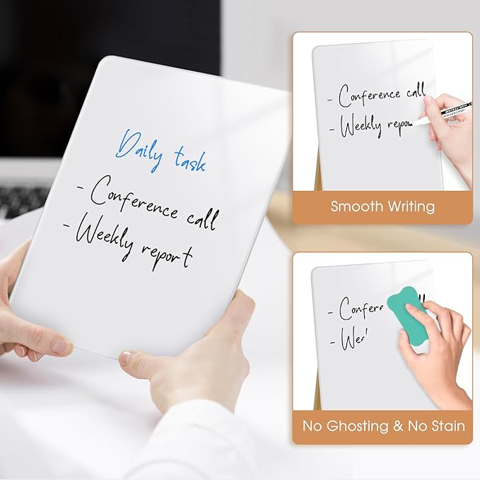 Desktop Glass Dry Erase Board, Small Glass Whiteboard with Adjustable Wood Stand - Reusable Desk Notepad 9.5" x 6.7" for Home Office
