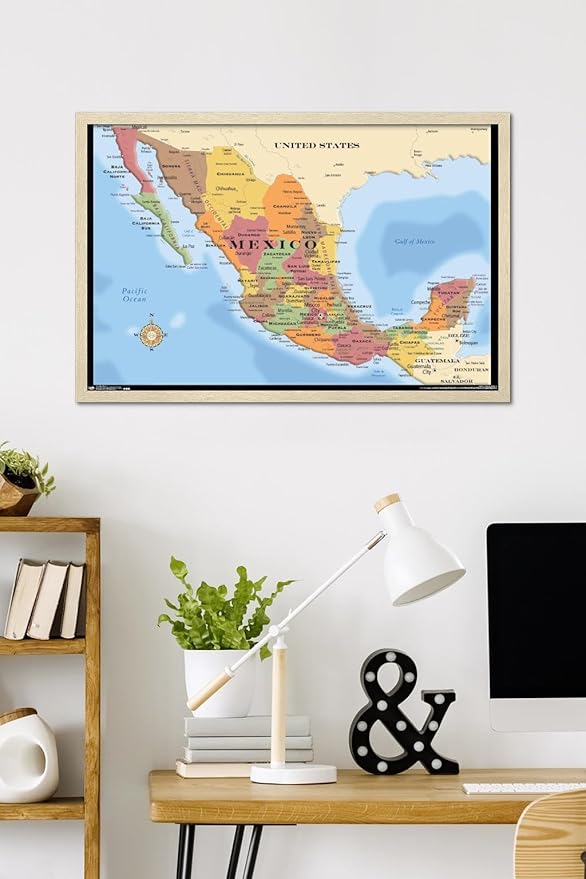 Map - Mexico Wall Poster, 34L" x 22.4W", Blonde Framed Version