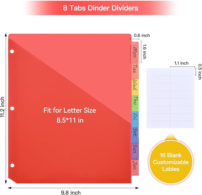 SUIN 8-Tab Binder Dividers with Double Pockets - Translucent Plastic Page Separators for 3 Ring Binder, Front & Back Storage, Durable Poly, Letter Size, Rainbow Colors, 1-Pack