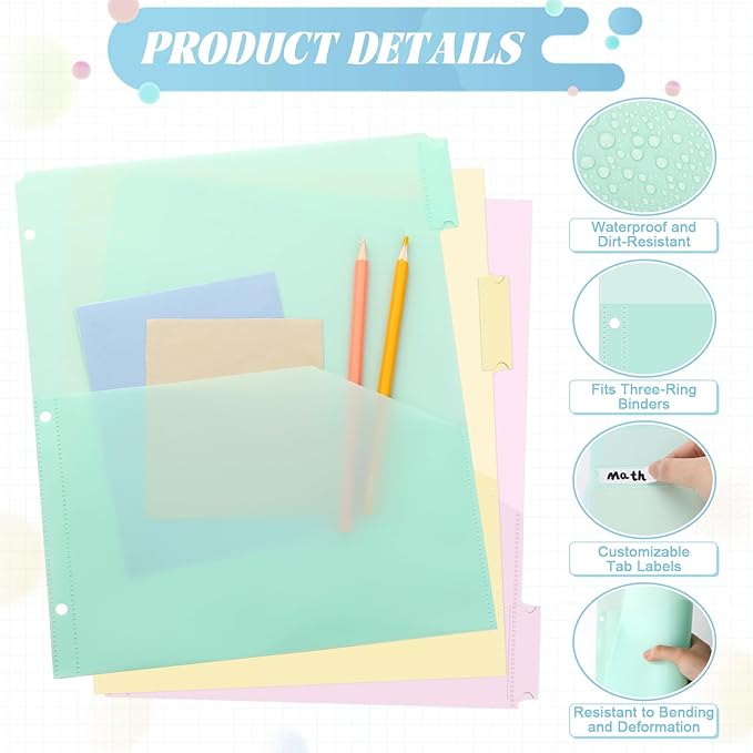 3 Sets 5 Tab Binder Dividers with Pockets for 3 Ring Plastic Binders 9.3 x 11.2 Inches 3 Hole Punched Page Dividers Sturdy Colorful Divider for Office School Business Home Organizer (Pastel Color)