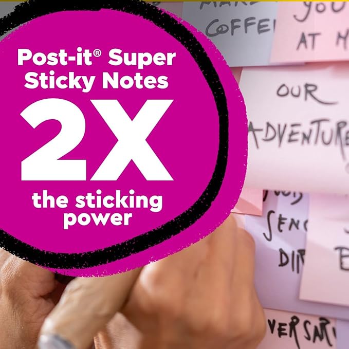 Post-it 100% Recycled Paper Super Sticky Notes, 3 in. x 3 in., 12 Pads, 70 Sheets per Pad, Wanderlust Pastels, New Year Organization or Second Semester School Supplies