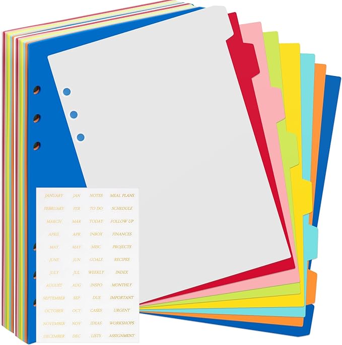 64 Pcs A5 Index Divider 6 Hole Binder Dividers 8.27 x 5.83 Inch 8 Colors Plastic Binder Dividers with Gold Month Stickers for Notebook Loose Leaf Binders Travel Diary Journal Planner