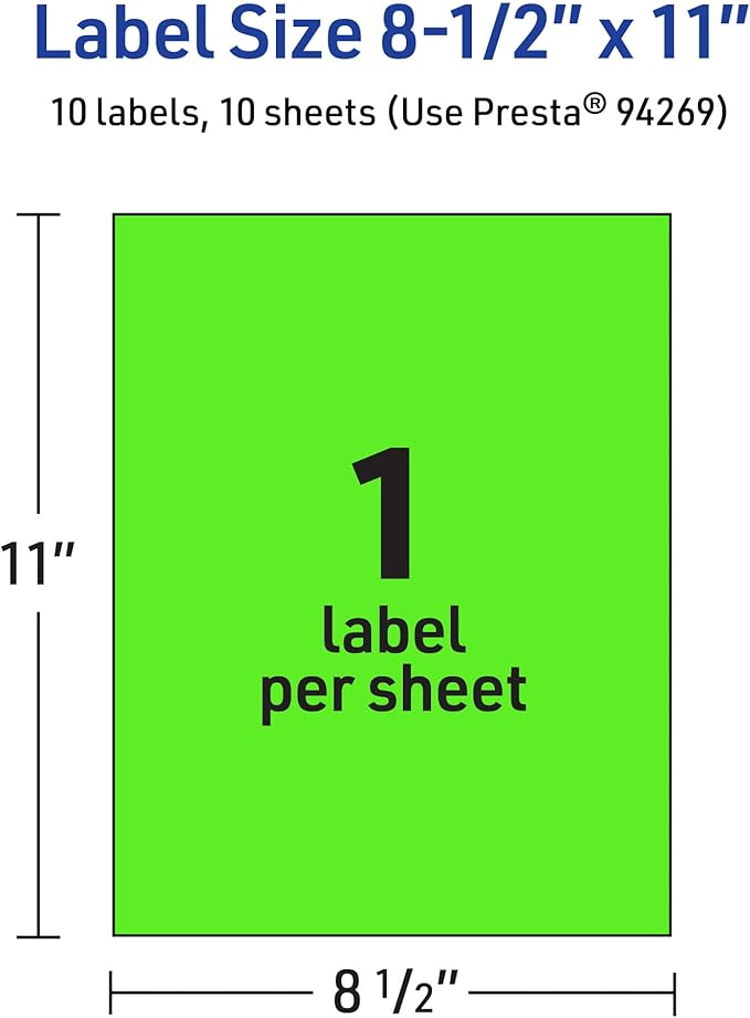 Avery Printable Sticker Paper, 8-1/2" x 11", Full-Sheet Labels, Neon Green Labels, Laser/Inkjet Printable, 10 Total, Great for Packaging and Stickers