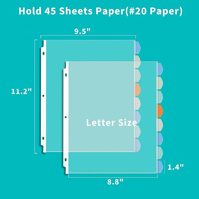 Binditek 16 Pack Heavyduty Clear Sheet Protectors with 8 Tabs, 45 Sheets Capacity, 8.5 x 11 inch Plastic Dividers for 3 Ring Binder, Insertable Index Divider, Letter Size, 2 Set, Label Sticker