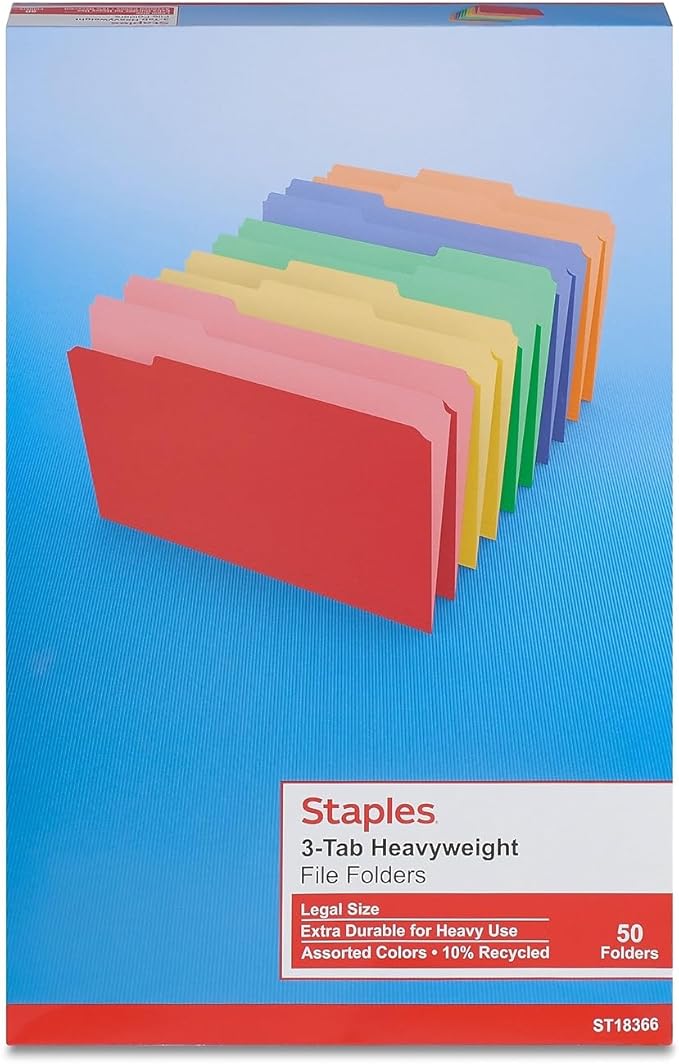 Staples Heavyweight Colored File Folders, 3 Tab, Legal, 50/Box