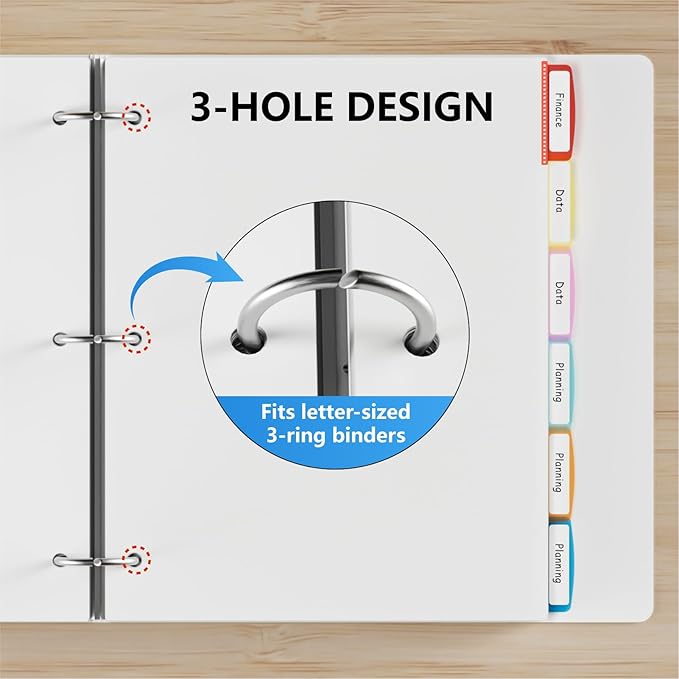 Binder Dividers with Tabs, White Sheet Protectors for 3 Ring Binder, 3 Hole Punch Dividers in 6 Color Tab Page Protectors, 3 Ring Binder Dividers with Tabs, 2 Set 12 Pcs, White