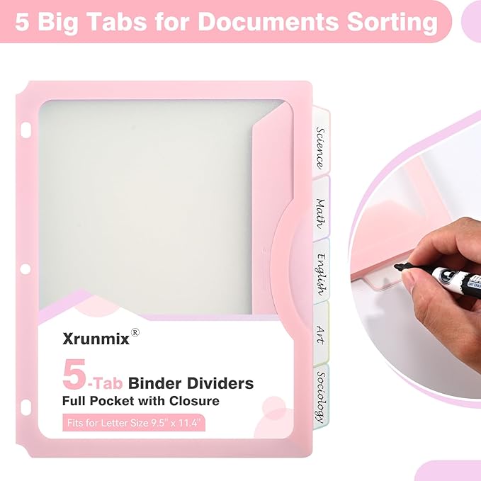 5-Tab Dividers with One Full Pocket, 5 Counts Binder Dividers, 8.5 x 11'' Dividers for 3 Ring Binder 1''/2'' Recipe Binder Dividers with 5 Tabs for Back to School, Pastel Color (1)