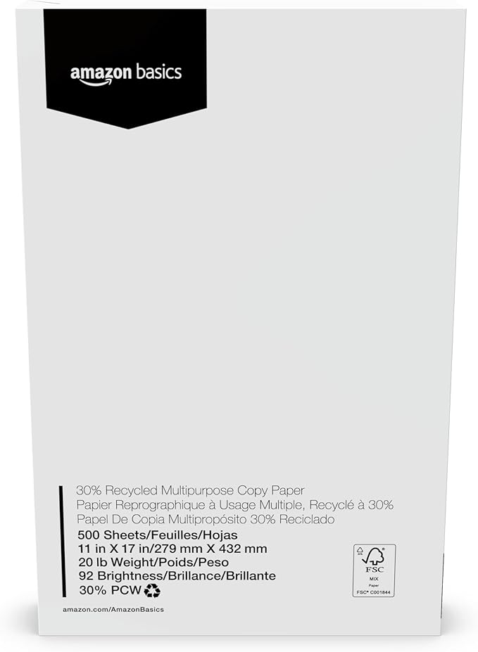Amazon Basics 30% Recycled Multipurpose Copy & Print Paper, 11 x 17 Inches, 20 lb Weight, 92 Bright, White, 2500 Sheets (5 Reams)