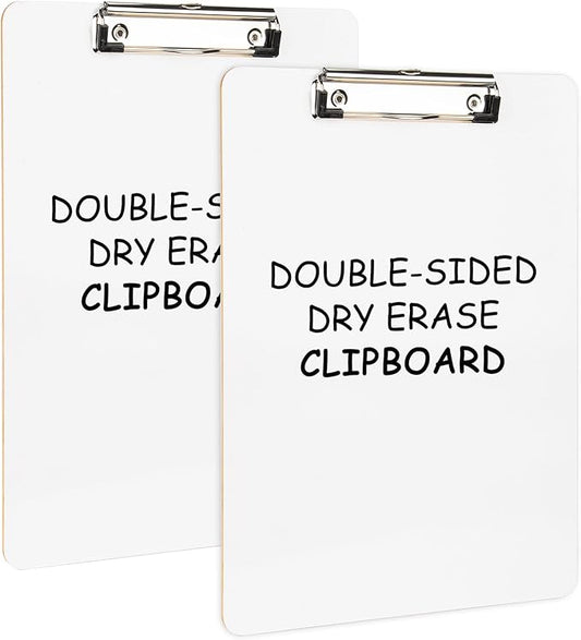 Dry Erase Wood Clipboard 2 Pack, Hardboard Clip Board 8.5x11 for Classroom, Students, Kid, Size 9" x 12.5", Double-Sided White Board, with Low Profile Clip, Office & School Supply