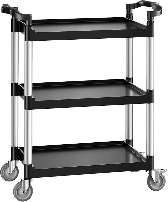 VEVOR Utility Cart, 300 lbs Load Capacity, 3-Tier Utility Plastic Cart with 360° Swivel Wheels (2 with Brakes), 24.4 x 16.1-inch Food Service Cart for Warehouse, Office, Home, Restaurant, Kitchen