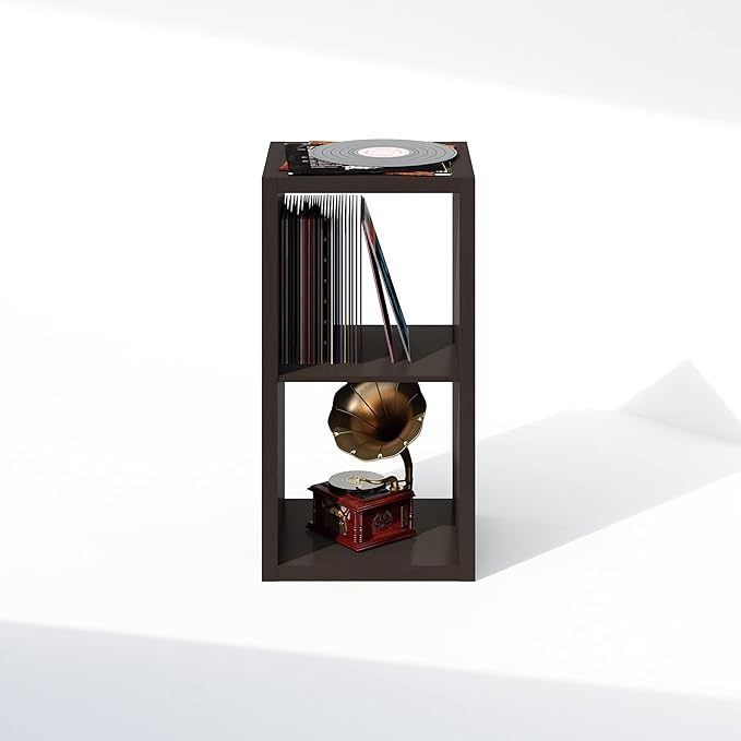 Furinno Cubicle Record Player Stand with Vinyl Storage, 2-Cube 1.2 Extra Thick Vinyl Record Storage, Open Back Media Shelf for CD DVD Blueray Game Disc, for Living Room, Home Office, Black Dark Oak