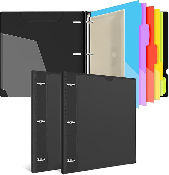INFUN 1 Inch Telescoping Project Organizer Binder-2PCS,13 Pocket, Customizable Front Cover, 5 Colors Pocket Divider and Plastic Binder Pocket，225 Sheet Capacity-Black