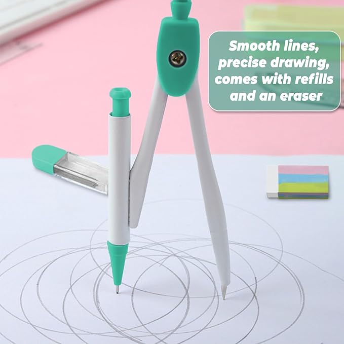 Protractor and Compass Set for School,Geometry Set,Compass Geometry Tool,7P Metal Compass Ruler Eraser Replacement Leads Blue