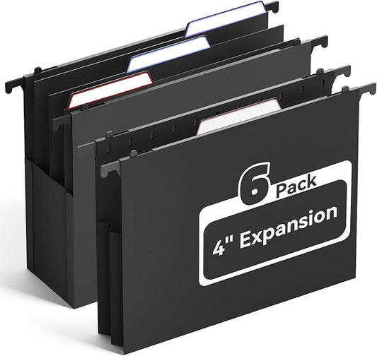 Ansook Extra Capacity Hanging File Folders Letter Size,Heavy Duty 4" Expandable File Folder with Movable Dividers,6 Pack Plastic File Cabinet Folders with Tabs,Hanging Folder Organizer for Home Office