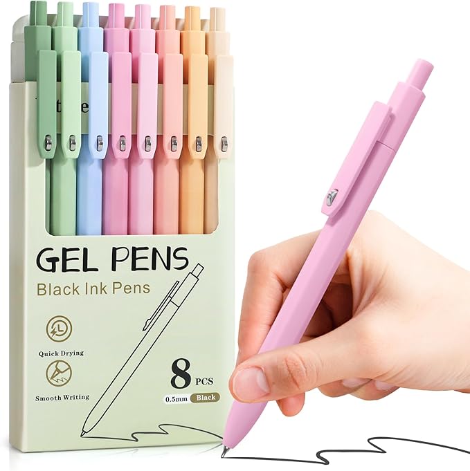 Aesthetic Pens, 8 Pcs 0.5mm Gel Pens, No Smudge Quick Dry Smooth Writing Pens, Cute Black Ink Journaling Pens for Women Nurse School Office Desk Accessories