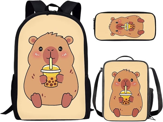 CLOHOMIN Cute Capybara Bookbag And Lunch Box Set for Girls Yellow Backpack with Lunch Bag for Kids 4th Grade Elementary/Primary School Bag Thermal Lunchbox Large Pencil Case, Set of 3
