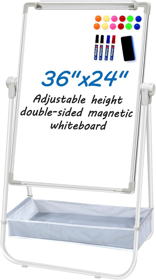 Dry Erase White Board with Stand Double Sided 36"X24" Magnetic U Standing Easel Whiteboard, Height Adjustable & 360° Rotation Portable White Boards for Classroom, Home & Office
