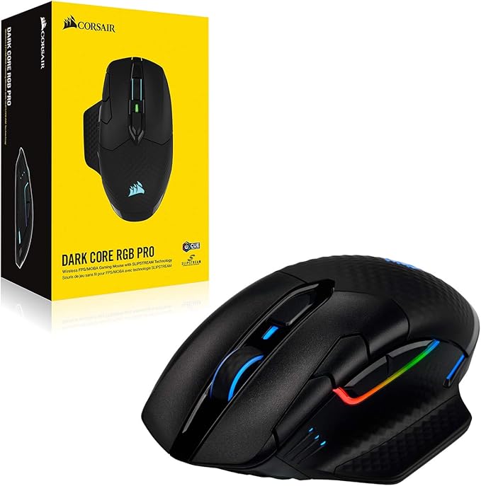 Corsair Dark CORE RGB PRO Wireless/Wired FPS MOBA Gaming Mouse – 18,000 DPI, Fast Response Time, 8 Programmable Side Buttons, Dynamic Multi-Color Backlighting – Black