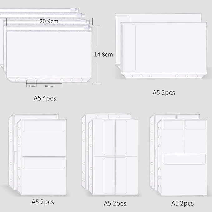 Binder Pockets, 12pcs A5 Size 6 Holes Binder Pockets, [Waterproof PVC Pouch] Premium Clear Binder Zipper Folders Document Filing Bags for 6-Ring Notebook Binder Loose Leaf Bags,-Clear