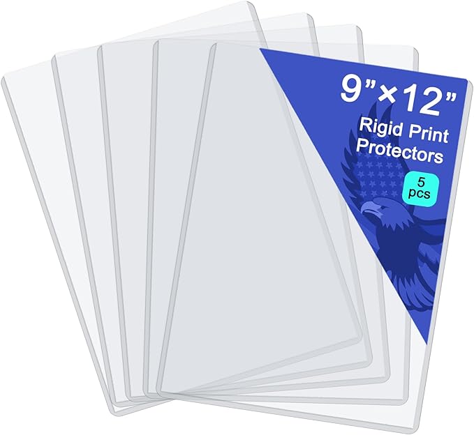 Rainmae 5 Pack 9" x 12" Rigid Print Protectors, Clear Hard Plastic Sheet Protectors, Waterproof Photo Top-Loading Sleeves Rigid Menu Holders Cards Photos Drawings Artworks Poster Prints Documents