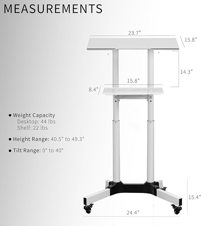 VIVO Mobile 24 x 16 inch Lectern Podium, Height Adjustable Steel Rolling Laptop Cart on Wheels, White, CART-V03W