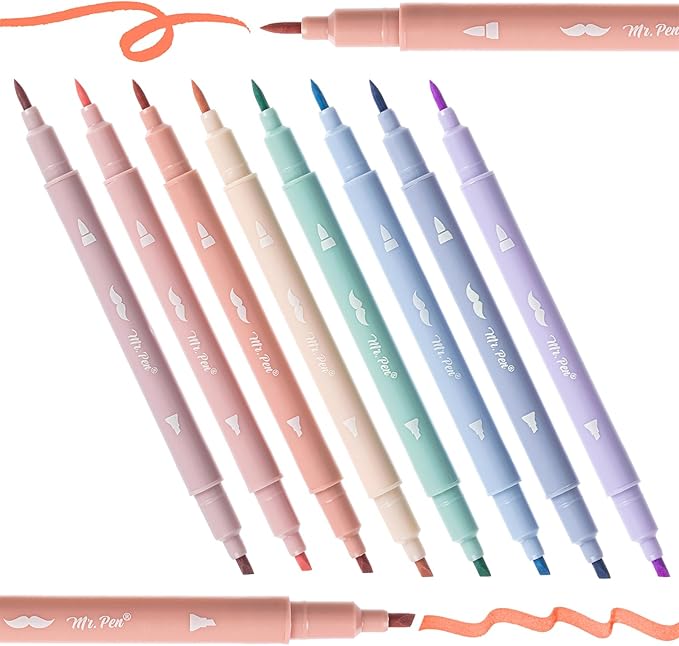 Mr. Pen- Dual Tip Aesthetic Highlighters, 8 pcs, Chisel & Brush Tips, Pastel Colors